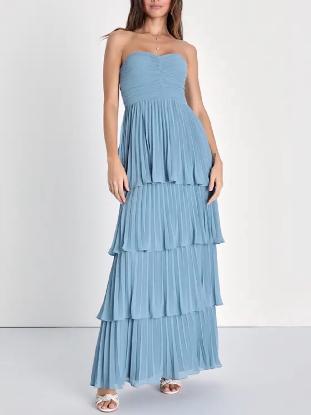 Lulus Seriously Sensational Light Blue Strapless Tiered Maxi Dress Small